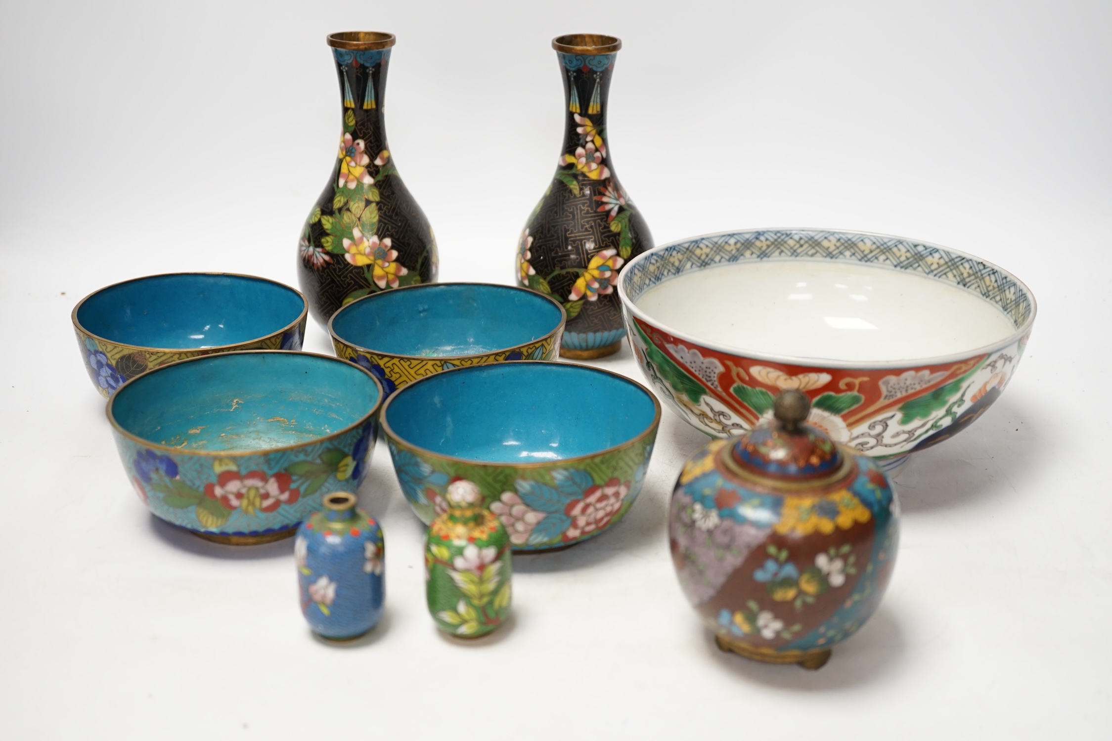 A Japanese Arita bowl and a quantity of Japanese and Chinese cloisonné enamel wares, tallest 17cm. Condition - fair